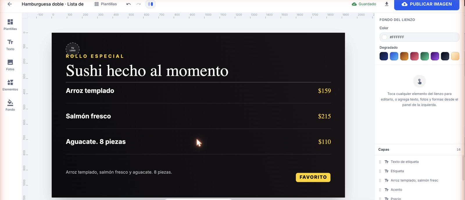 El Diseñador de VisuartGo con un menú en el lienzo, la barra de herramientas y el panel de capas.