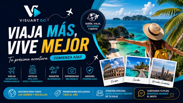 Anuncio de agencia de viajes: viaja más, vive mejor