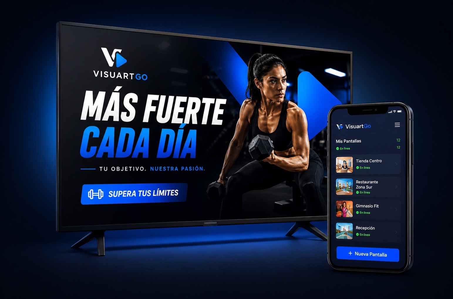 Una televisión proyectando un anuncio de gimnasio hecho con VisuartGo, junto a un celular que muestra la lista de pantallas del negocio, cada una con su nombre y en línea.